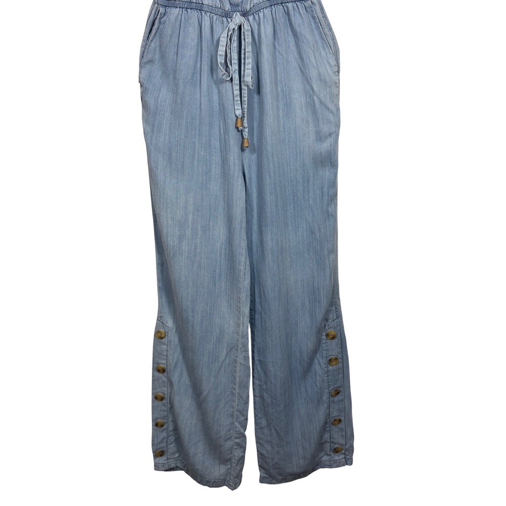 Splash Blue Tencel Chambray Wide Leg Button Side Jumpsuit M Cottagecore - Picture 4 of 16